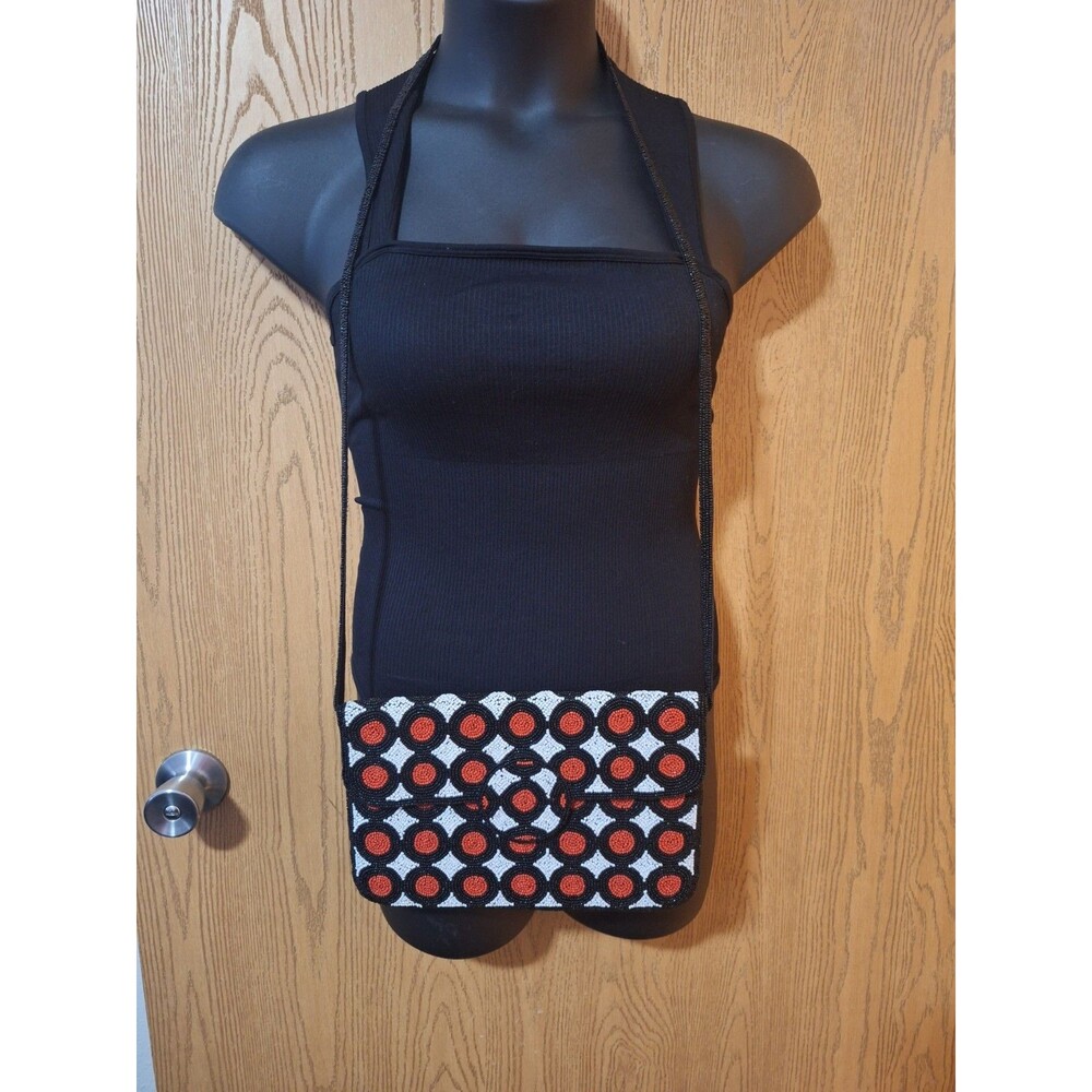 Handmade Beaded Crossbody Purse Black Red White Geometric Artisan Boho Bag